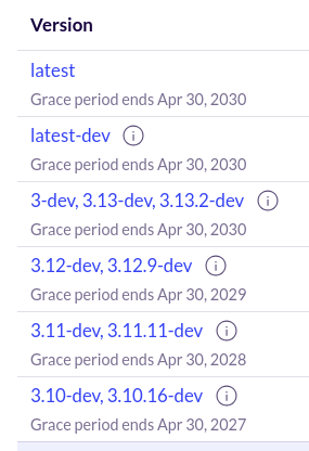 Screenshot of a portion of an image's 'Versions' tab, showing the Grace Period end dates for several versions of the image.