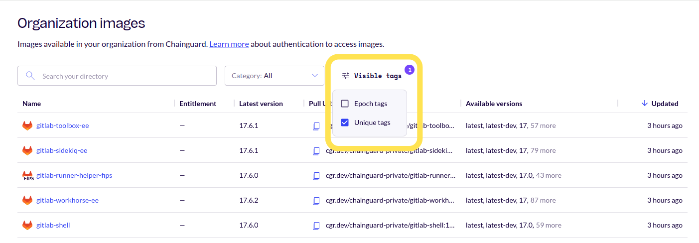 Screenshot of the Organization images page, showing container images in a table. The &ldquo;Visible Tags&rdquo; select box is highlighted with a yellow box, showing the option &ldquo;Unique tags&rdquo; checked.